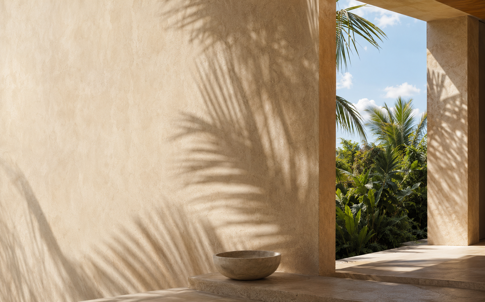 Architecture caribéenne contemporaine baignée d’ombres de palmes
